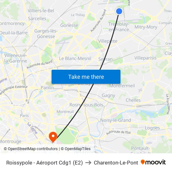 Roissypole - Aéroport Cdg1 (E2) to Charenton-Le-Pont map