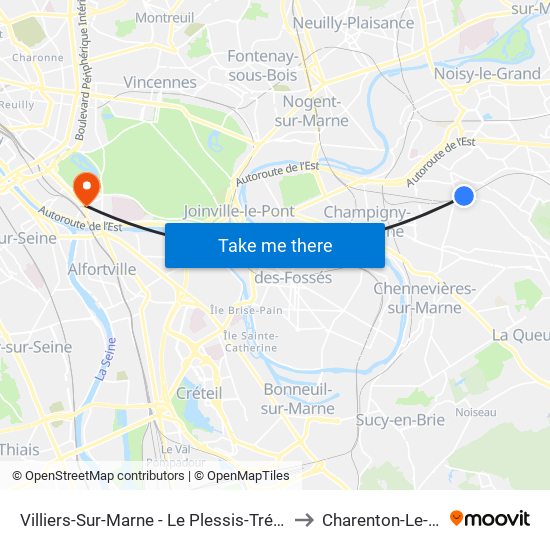 Villiers-Sur-Marne - Le Plessis-Trévise RER to Charenton-Le-Pont map