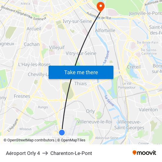 Aéroport Orly 4 to Charenton-Le-Pont map