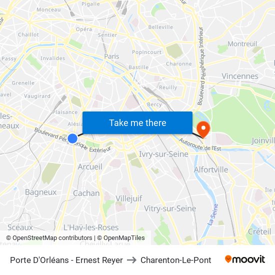 Porte D'Orléans - Ernest Reyer to Charenton-Le-Pont map