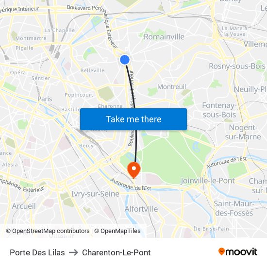 Porte Des Lilas to Charenton-Le-Pont map