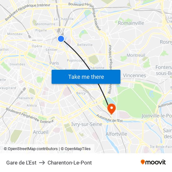 Gare de L'Est to Charenton-Le-Pont map