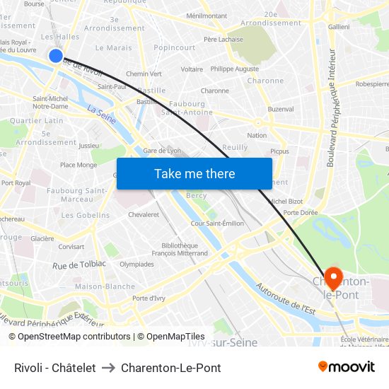 Rivoli - Châtelet to Charenton-Le-Pont map