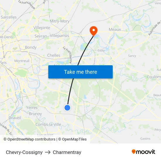 Chevry-Cossigny to Charmentray map