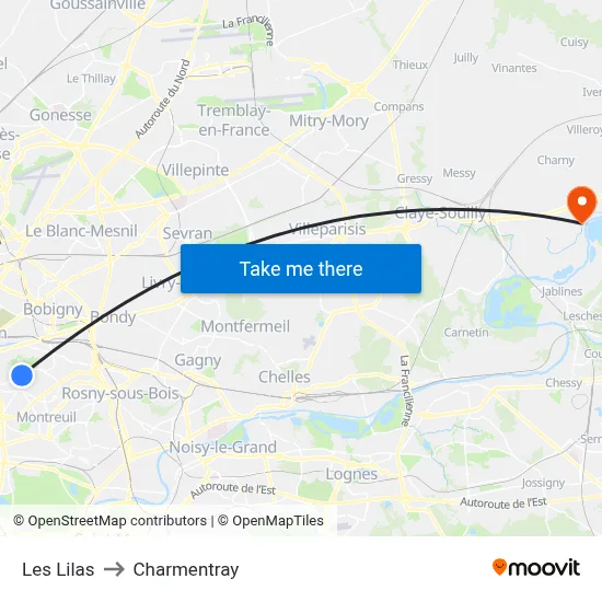 Les Lilas to Charmentray map