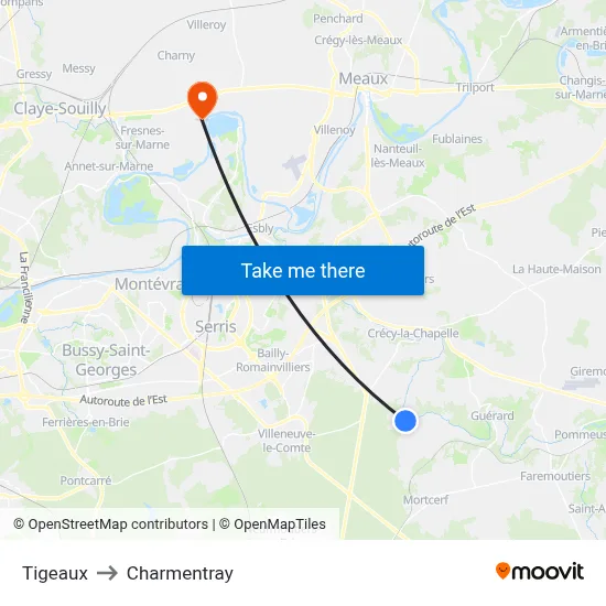 Tigeaux to Charmentray map