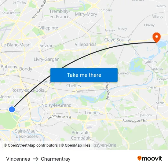 Vincennes to Charmentray map