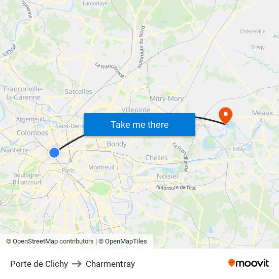 Porte de Clichy to Charmentray map