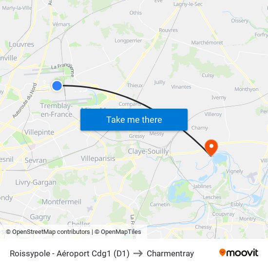 Roissypole - Aéroport Cdg1 (D1) to Charmentray map