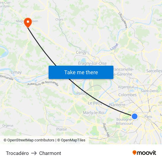 Trocadéro to Charmont map