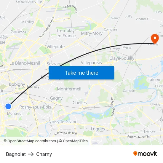 Bagnolet to Charny map