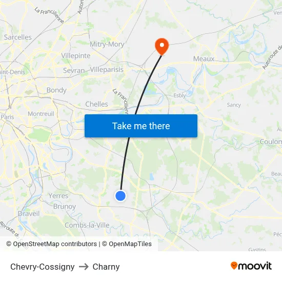 Chevry-Cossigny to Charny map