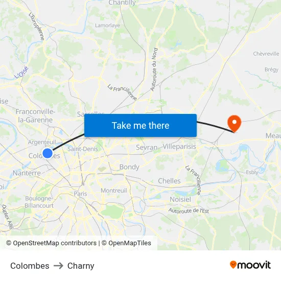 Colombes to Charny map