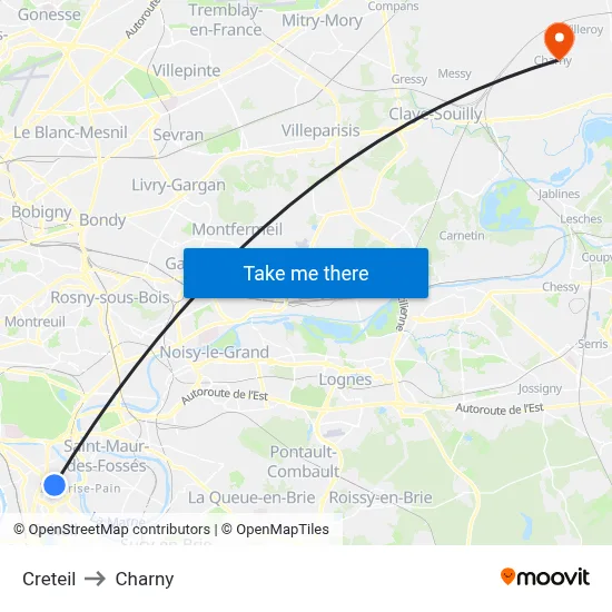 Creteil to Charny map