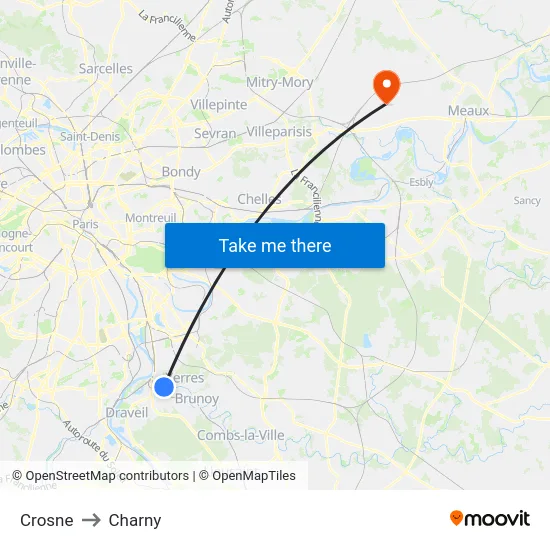 Crosne to Charny map