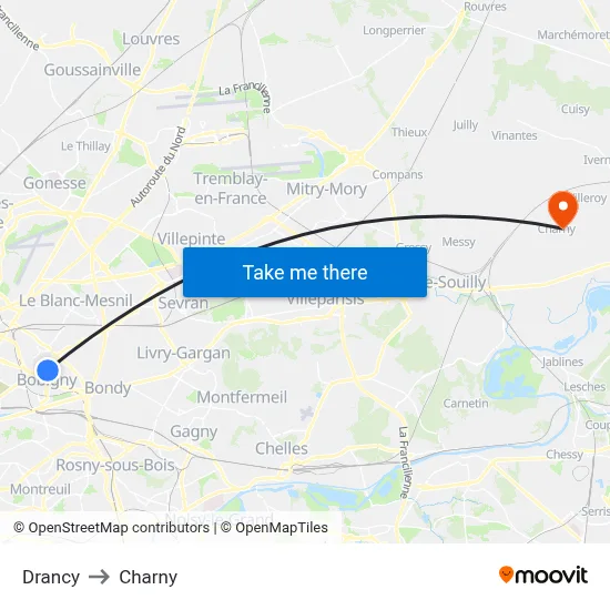 Drancy to Charny map