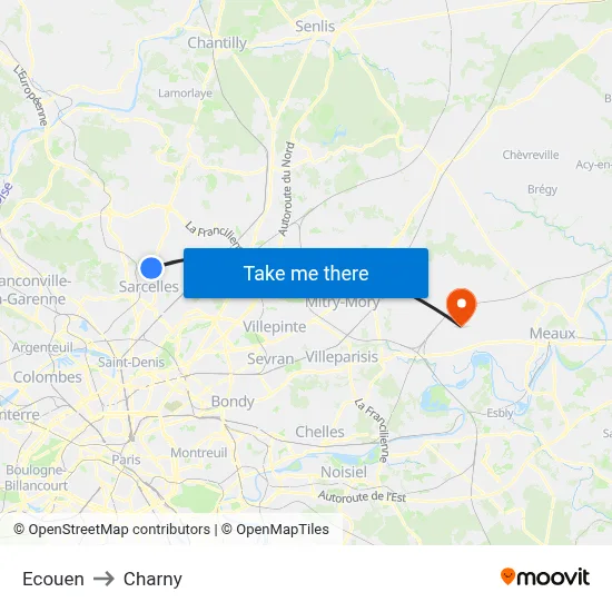 Ecouen to Charny map