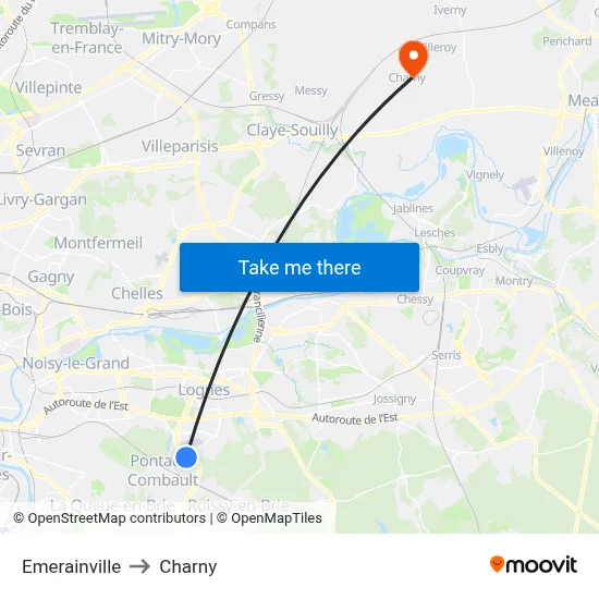 Emerainville to Charny map