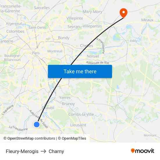 Fleury-Merogis to Charny map