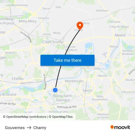 Gouvernes to Charny map