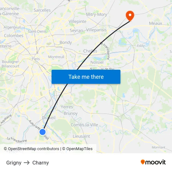 Grigny to Charny map
