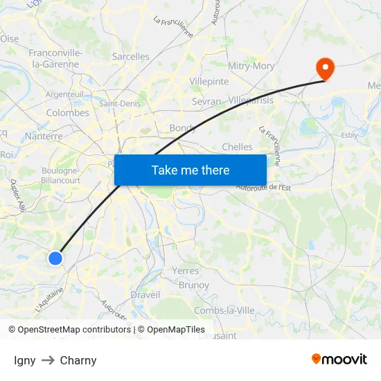 Igny to Charny map