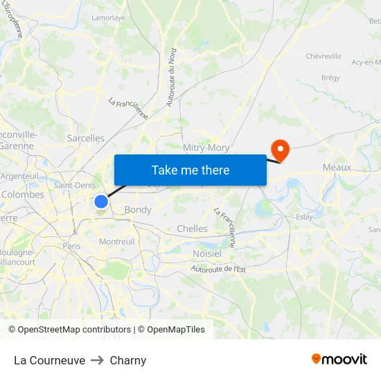 La Courneuve to Charny map