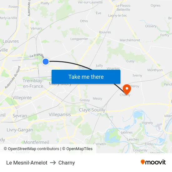 Le Mesnil-Amelot to Charny map