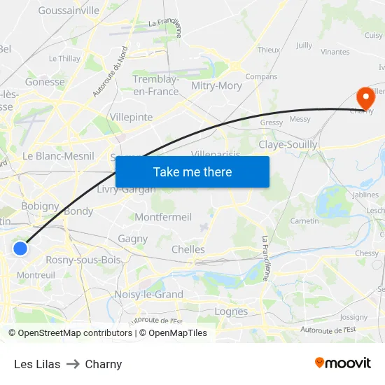 Les Lilas to Charny map