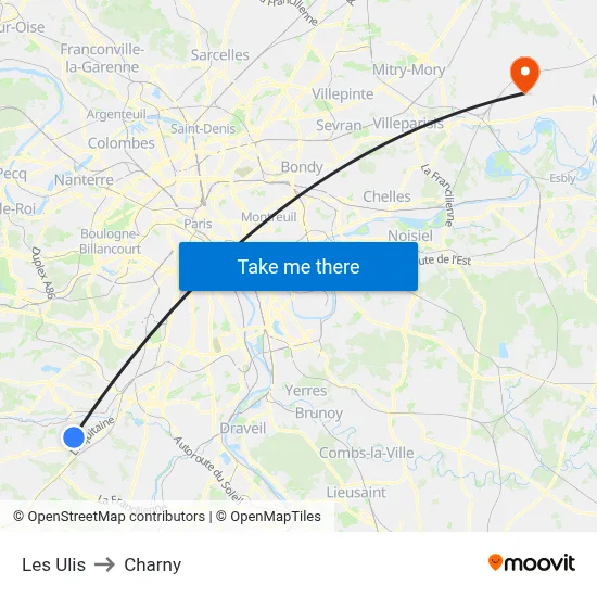 Les Ulis to Charny map