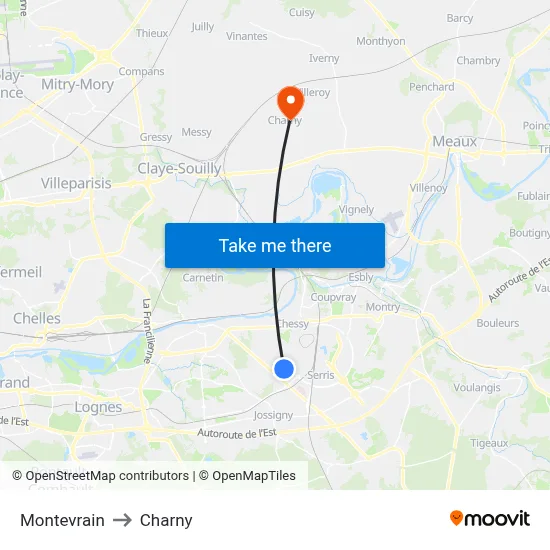 Montevrain to Charny map