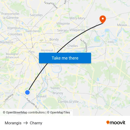 Morangis to Charny map