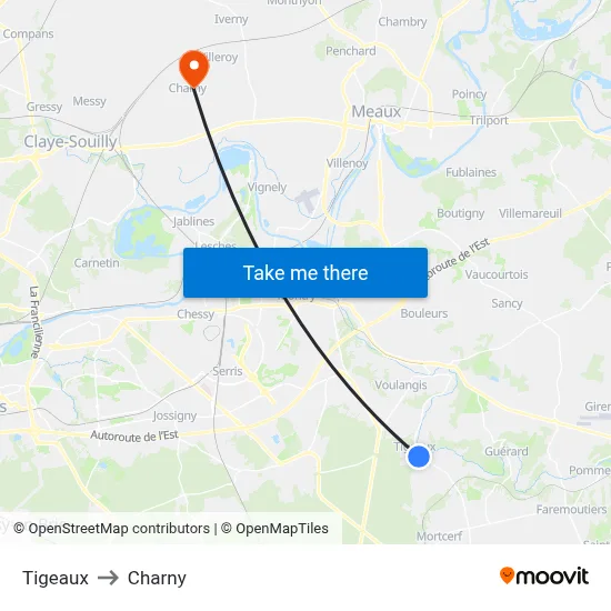 Tigeaux to Charny map