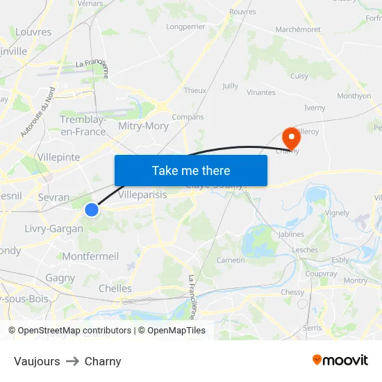 Vaujours to Charny map