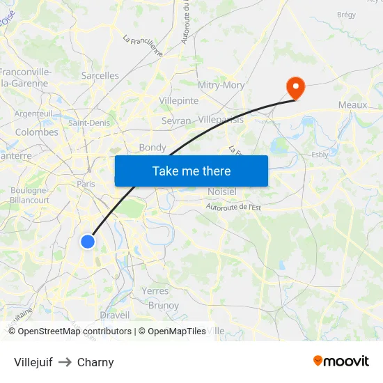 Villejuif to Charny map