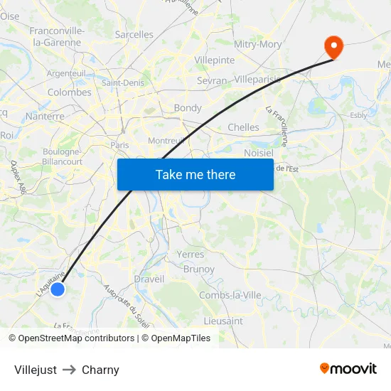 Villejust to Charny map
