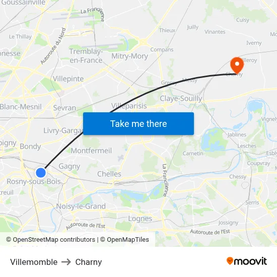 Villemomble to Charny map