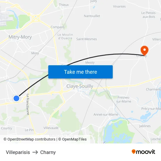 Villeparisis to Charny map