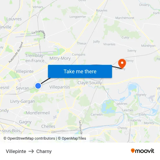 Villepinte to Charny map