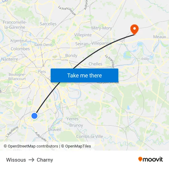 Wissous to Charny map