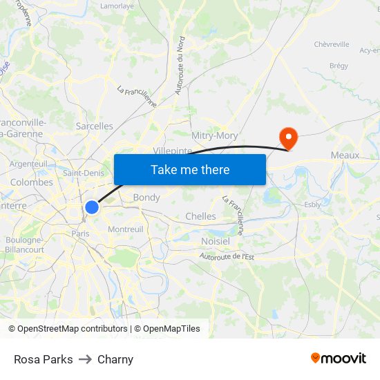 Rosa Parks to Charny map