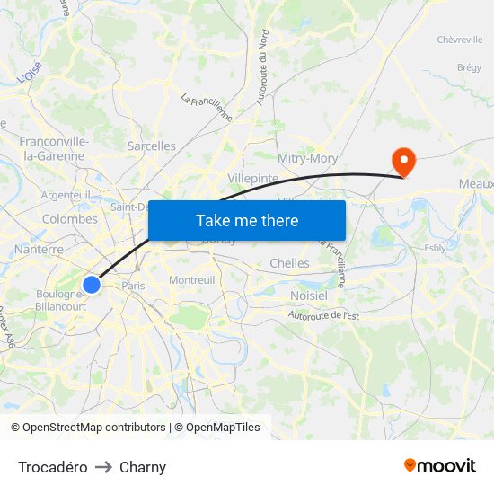 Trocadéro to Charny map