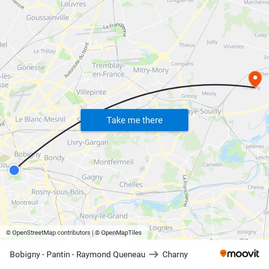 Bobigny - Pantin - Raymond Queneau to Charny map