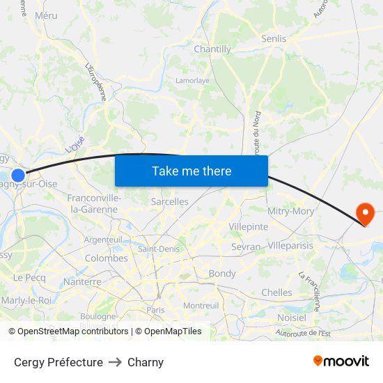 Cergy Préfecture to Charny map