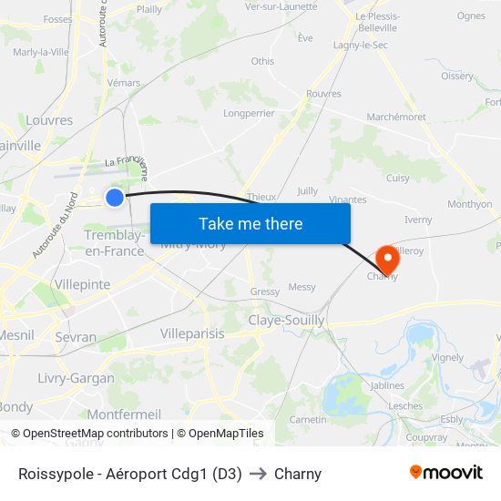 Roissypole - Aéroport Cdg1 (D3) to Charny map