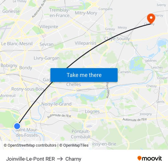 Joinville-Le-Pont RER to Charny map