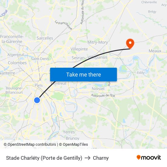 Stade Charléty (Porte de Gentilly) to Charny map