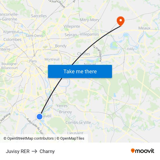 Juvisy RER to Charny map