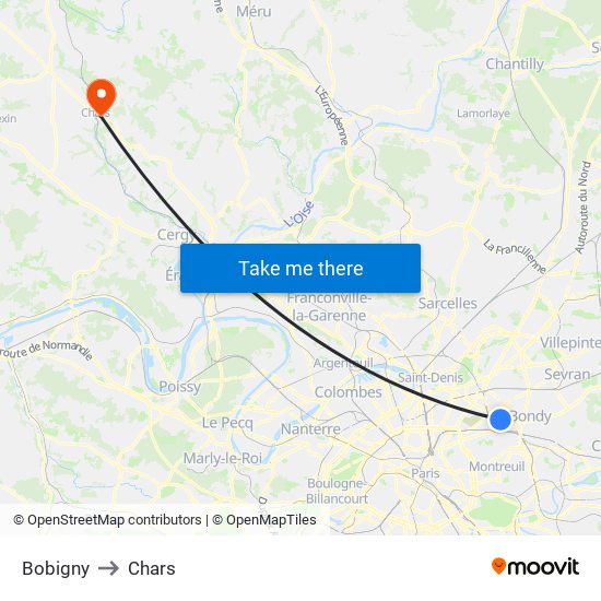 Bobigny to Chars map