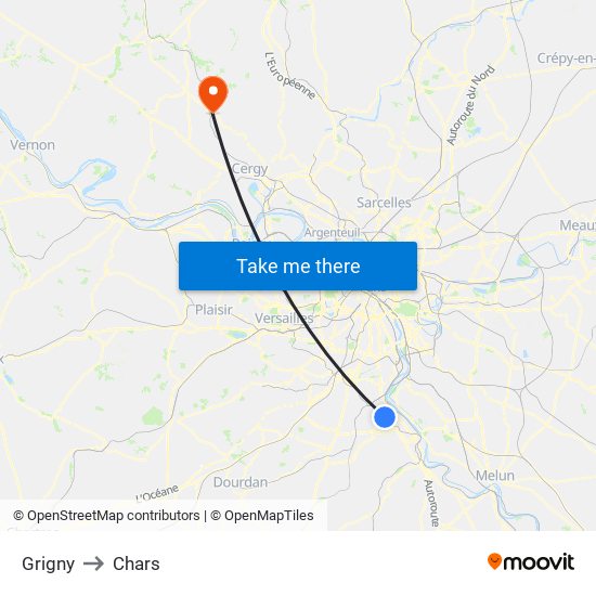 Grigny to Chars map